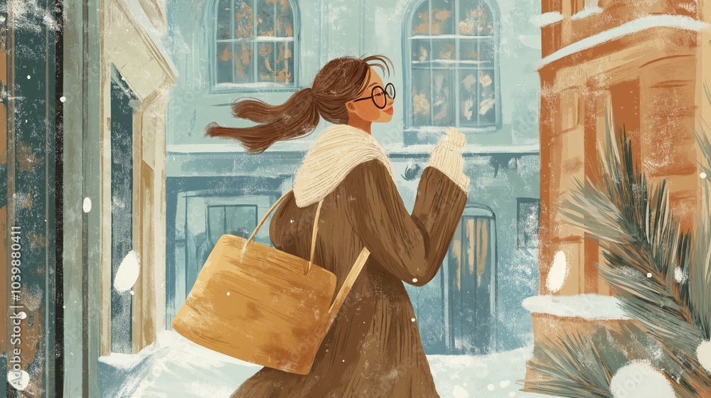 cute cartoon illustration, woman walking in town on snowfall day, happy wintertime cute cartoon illustration, woman walking in town on snowfall day, happy wintertime