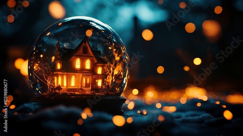 Enchanting snow globe featuring a charming house illuminated in warm hues, surrounded by magical glowing orbs.