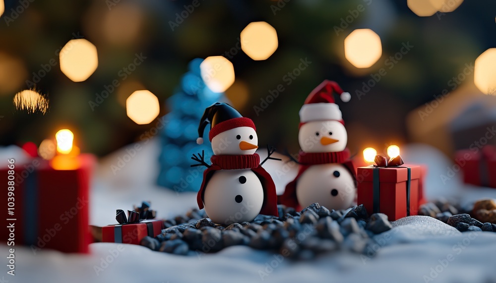 Obraz premium Festive snowmen decorations with Christmas gifts, warm lights creating a cozy holiday atmosphere.