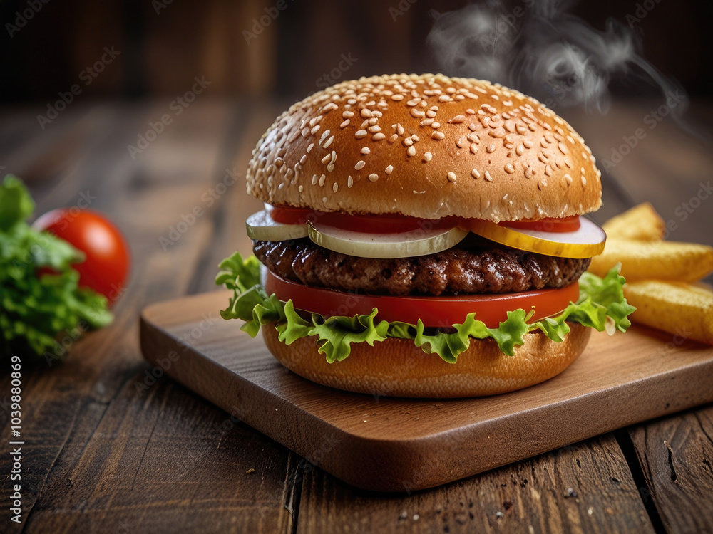 Burger on a wooden cutting board. fast food, best-selling in the street market Burger on a wooden cutting board. fast food, best-selling in the street market
