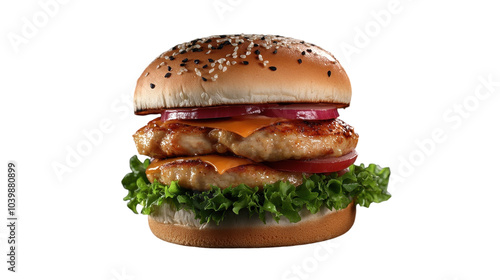 Enjoy a mouthwatering double chicken burger filled with vibrant veggies and rich cheese.