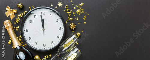 New year celebration concept with a bottle of champagne and two glasses toasting. Christmas gift box, alarm clock and fir tree branch on colored table. Top view Copy space photo