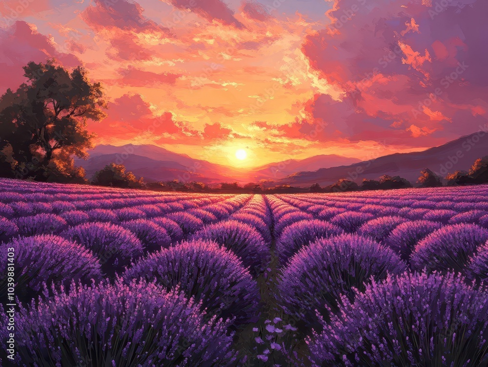 vibrant illustration of a lavender field at sunrise, showcasing rows of blooming violet flowers under a brilliant sky, capturing the essence of summer and tranquility vibrant illustration of a lavender field at sunrise, showcasing rows of blooming violet flowers under a brilliant sky, capturing the essence of summer and tranquility
