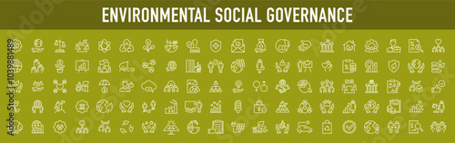 Set of 100 ESG, Environmental Social Governance web icons in line style. Sustainable development , sustainability, net zero, climate crisis, recycle, electric car, collection. Vector illustration.