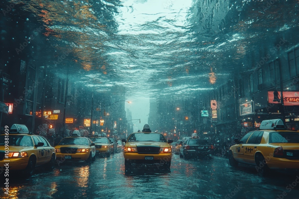 New York City taxis navigating through a flooded street during heavy rain in the evening New York City taxis navigating through a flooded street during heavy rain in the evening