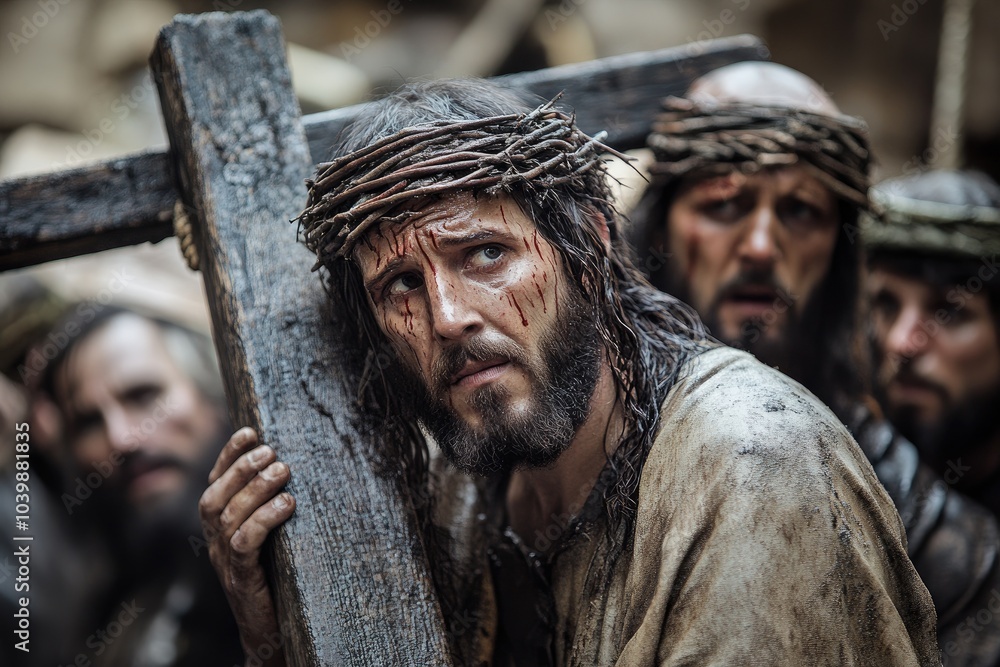 Naklejka premium Jesus christ carrying the cross to calvary with crowd following