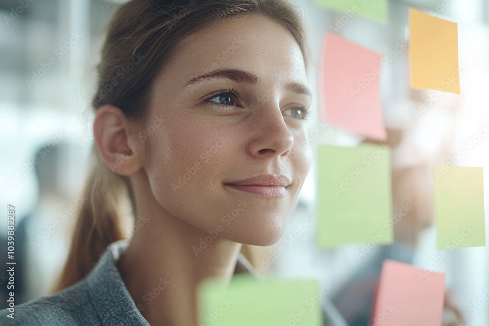 Young entrepreneur placing coloured post it notes on a blackboard to organise ideas or tasks. Young entrepreneur placing coloured post it notes on a blackboard to organise ideas or tasks.