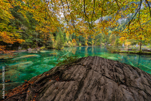 Blausee Switzerland, nature landscape at blue lake in autumn season