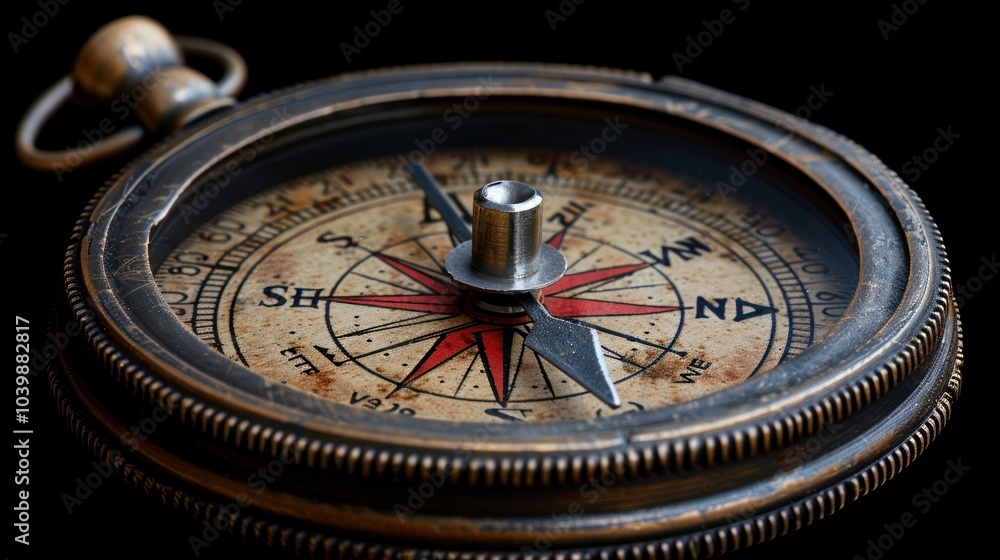 An antique compass resting on a dark surface, inviting exploration and adventure through the ages. Generative AI An antique compass resting on a dark surface, inviting exploration and adventure through the ages. Generative AI