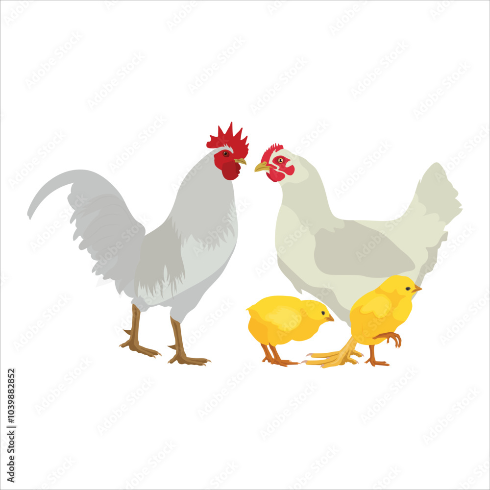 Vector ilustration of chicken livestocks in cartoon flat style.. Hen, rooster and chick domestic animals in farmland. Icon for logo, symbol, poster, infographic, digital resources, protein fauna Vector ilustration of chicken livestocks in cartoon flat style.. Hen, rooster and chick domestic animals in farmland. Icon for logo, symbol, poster, infographic, digital resources, protein fauna