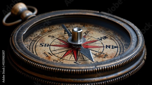 An antique compass resting on a dark surface, inviting exploration and adventure through the ages. Generative AI