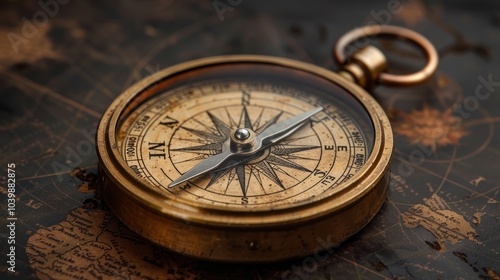 A vintage compass rests on an old maritime map, guiding explorers through uncharted waters at dawn. Generative AI