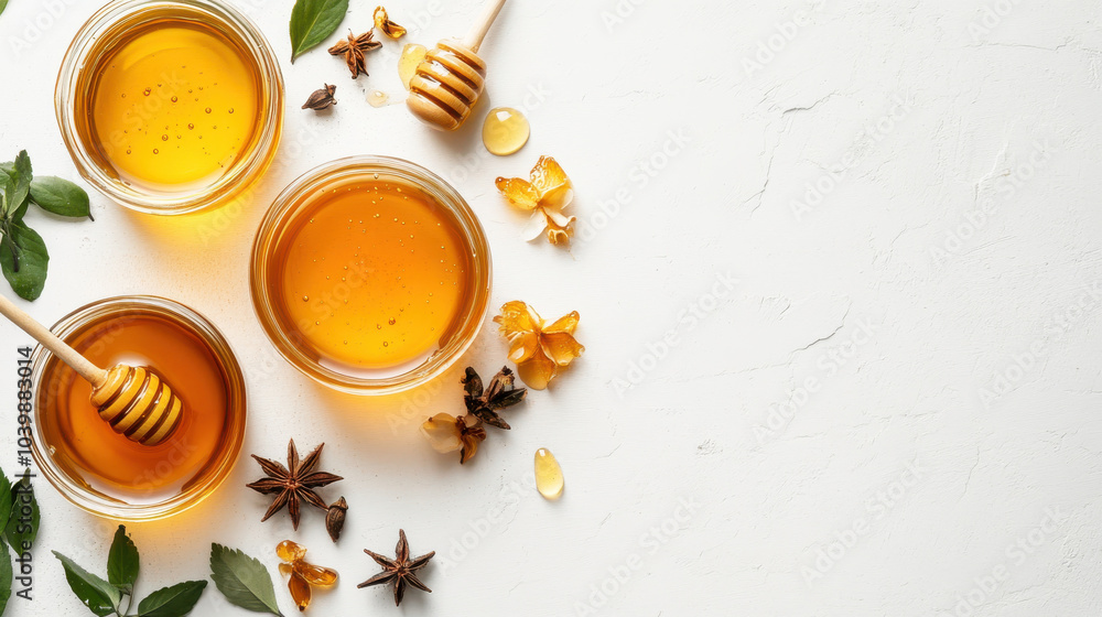 Sweet honey in jars with wooden dipper, surrounded by herbs and spices Sweet honey in jars with wooden dipper, surrounded by herbs and spices