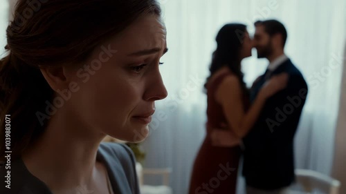 Sad woman feels pain from her husband cheating on her with another woman in the background. Emotional scene showing heartbreak and romantic betrayal. The concept of divorce and infidelity in marriage.