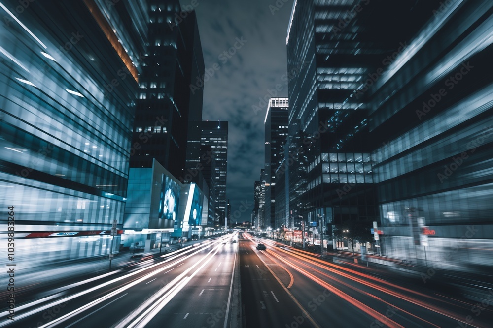 Obraz premium Night cityscape with traffic and illuminated skyscrapers in a bustling urban environment