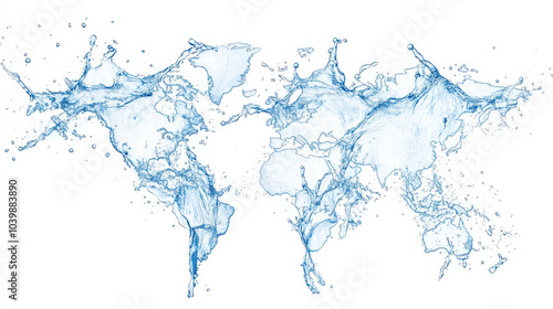 Water splash world map design, showcasing continents in vibrant blue hues