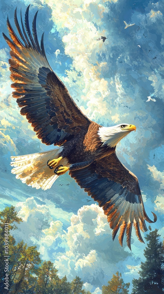 Fototapeta premium Sovereign Skies: Bald Eagle in Flight Panorama