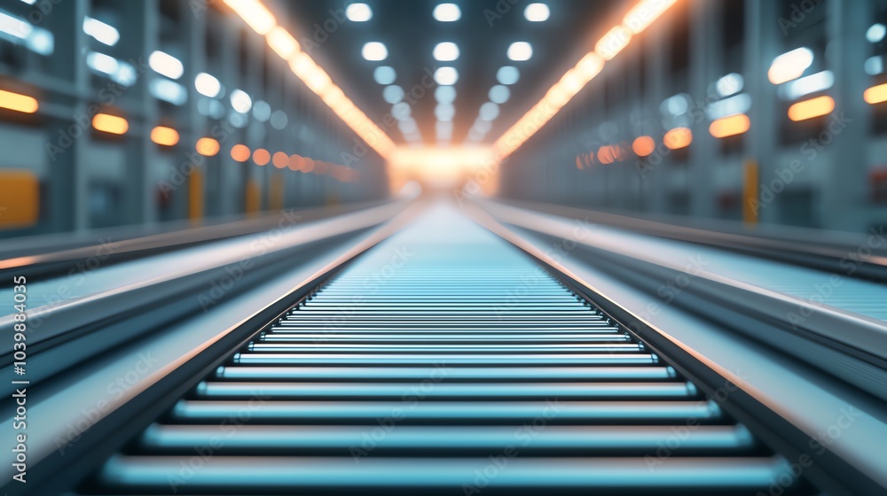 Automated conveyor belt moving packages, sleek warehouse interior, modern machinery, crisp lighting, high angle, techfocused Automated conveyor belt moving packages, sleek warehouse interior, modern machinery, crisp lighting, high angle, techfocused