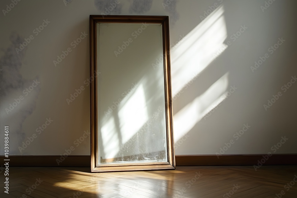 A mirror standing against a white wall in an empty room A mirror standing against a white wall in an empty room