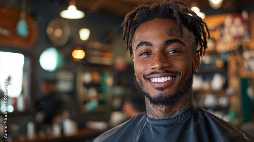 A man with a beard and tattoos is smiling in a barbershop A man with a beard and tattoos is smiling in a barbershop