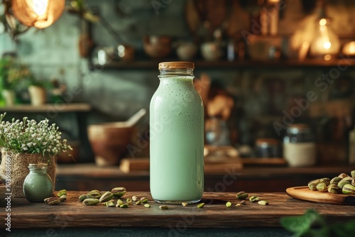 Wallpaper Mural food photography, bottle of creamy pistachio milk displayed on a charming wooden shelf against a backdrop of vintage kitchen decor and cozy lighting Torontodigital.ca