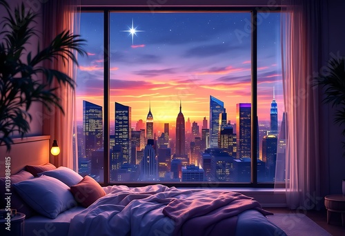 Wallpaper Mural Bedroom interior in modern apartment with city view. Empty room with bed, floor lamp, flowers, curtains and panoramic window with cityscape view at night, vector cartoon background
 Torontodigital.ca