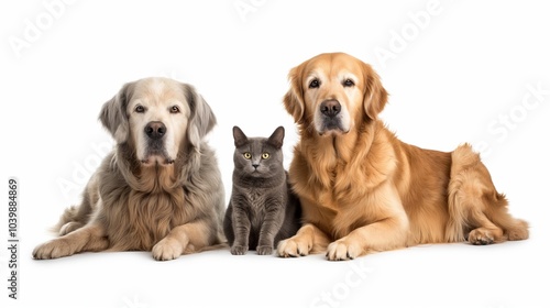 dogs and a cat are laying on a white background, look straight