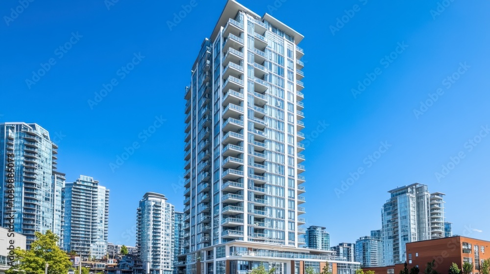 Modern Urban High-Rise in Clear Blue Sky