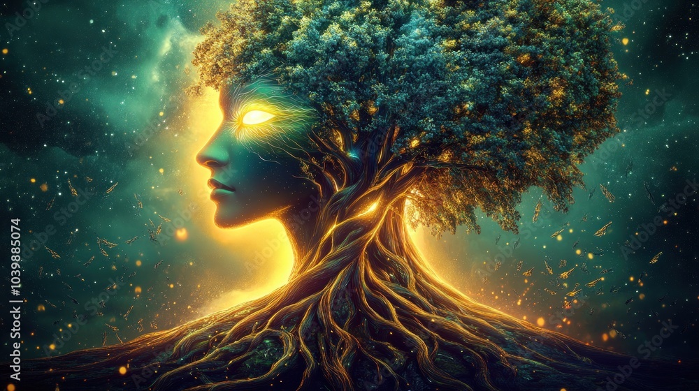 Obraz premium Third eye glowing with spiritual roots and branches, AI generated