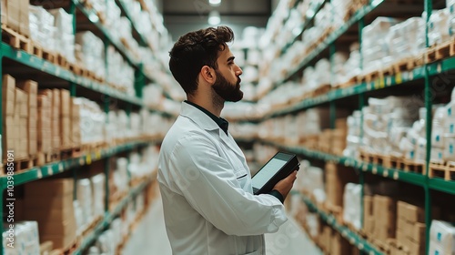 Manager inspecting inventory with a scanner, rows of goods behind, soft natural light from windows, medium shot, focused and precise photo