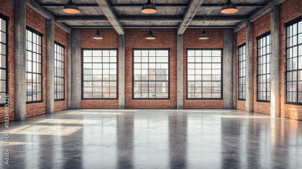 Modern Industrial Space with Large Windows and Brick Walls