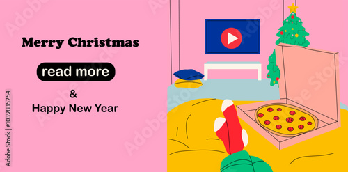 Web page design template. Woman lies on the bed and watches series on TV with pizza in her cute room. Vector illustration for poster, banner, website development.