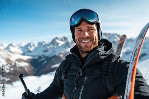 A skier dressed in black gear smiles triumphantly on a snowy mountain, holding skis with panoramic views of surrounding peaks, capturing adventure and triumph.