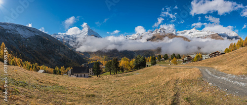 Zermatt Switzerland panorama nature landscape of Matterhorn mountain peak at Riffelalp in Autumn Season photo