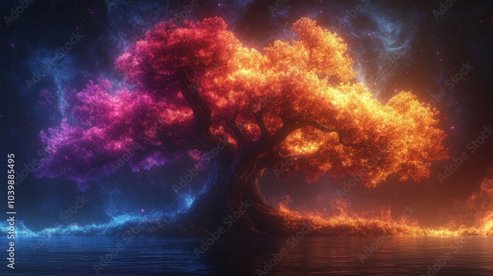 Fototapeta premium Magical glowing tree surrounded by floating lights in a peaceful setting, AI generated