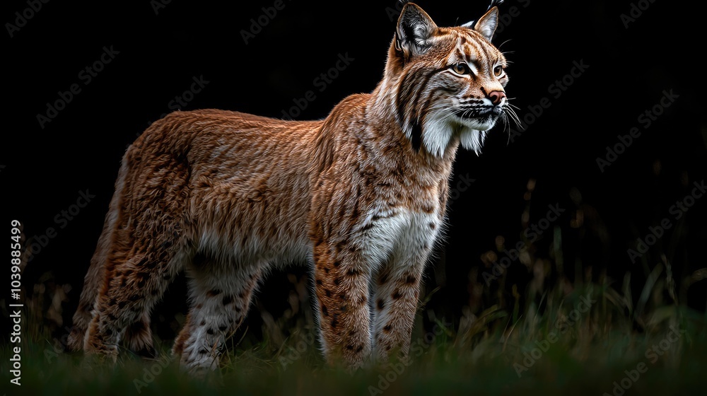 Obraz premium A lynx stands in a grassy field, its fur a mixture of brown, tan, and white. The lynx's head is turned to the right, and its eyes are wide with alertness.