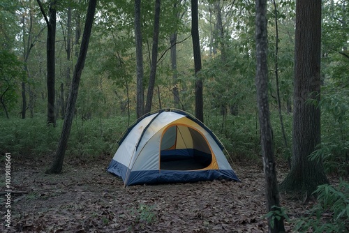 Dome tent standing in woods on campground