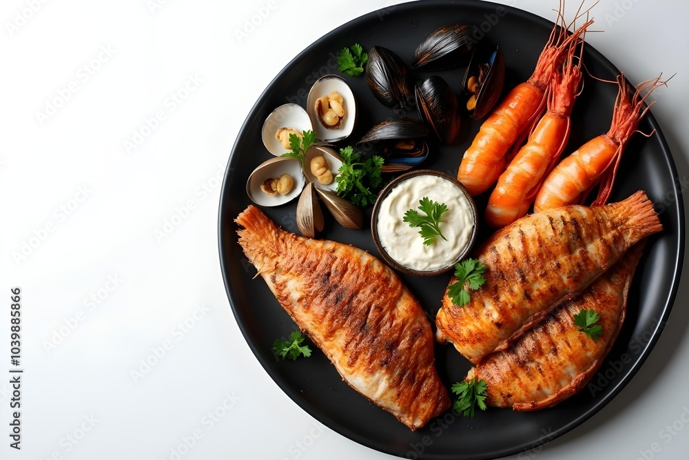Seafood grilled on plate isolated on white background Seafood grilled on plate isolated on white background