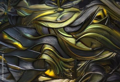 Abstract digital art with swirling, layered, textured lines in gold, green, and brown colors. photo