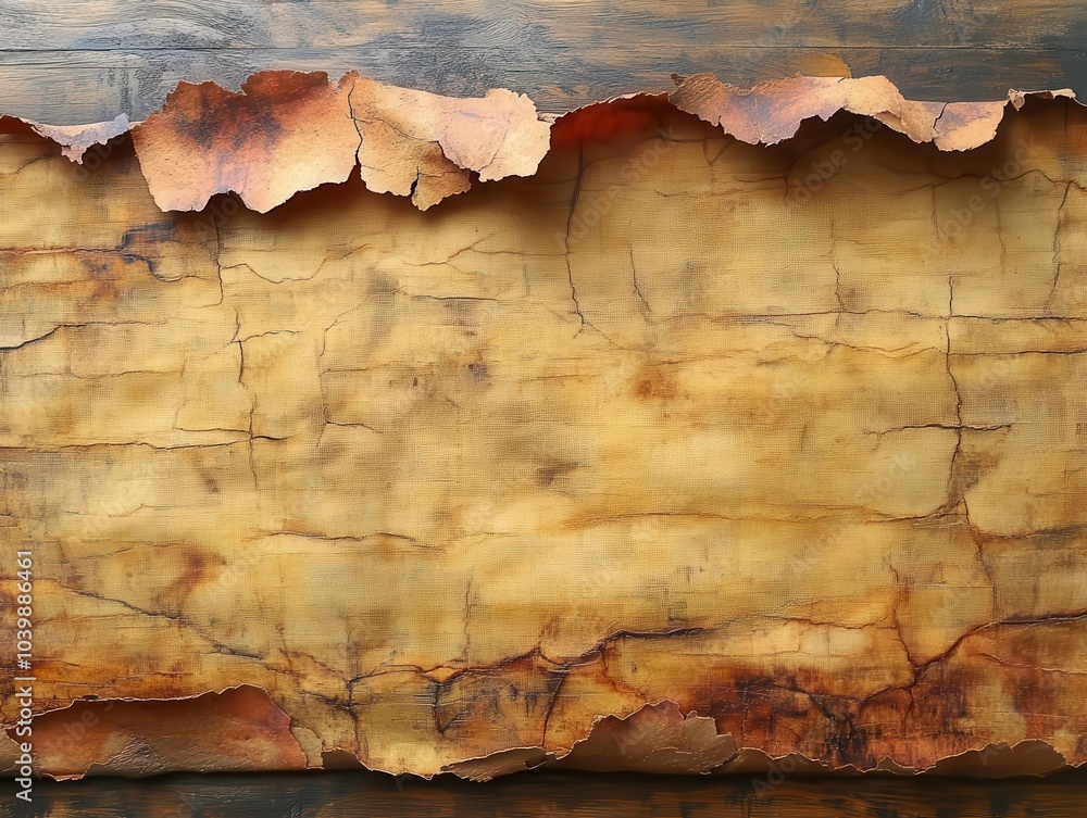 Fototapeta premium wide horizontal texture depicting ancient egyptian papyrus with a weathered yellow-brown hue, showcasing fine patina and historical nuances reminiscent of the mediterranean region