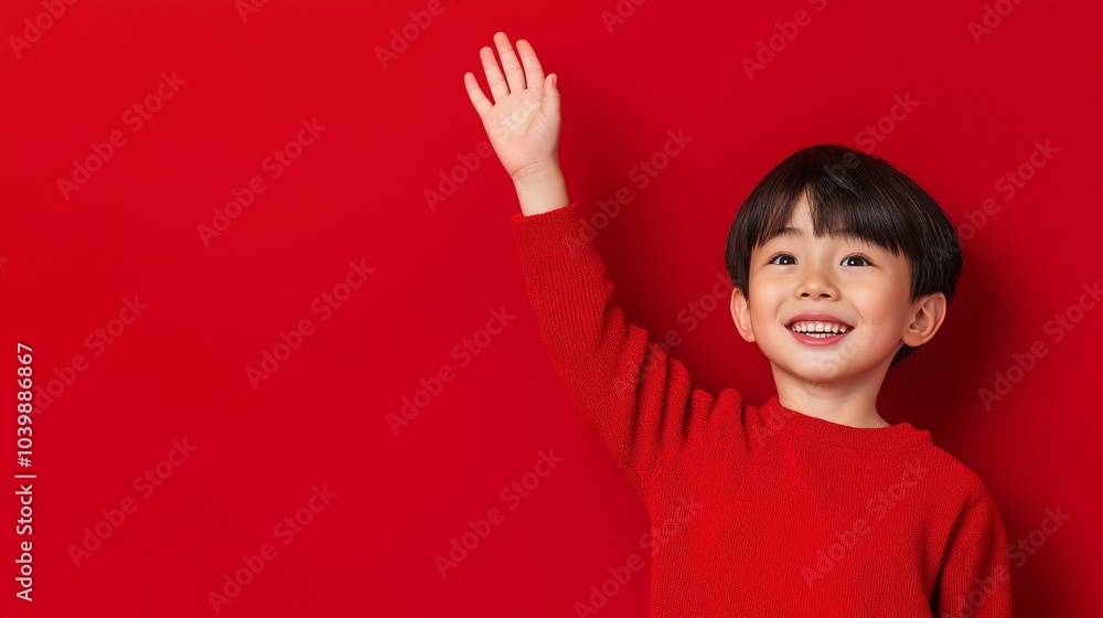 Asian boy raising hand