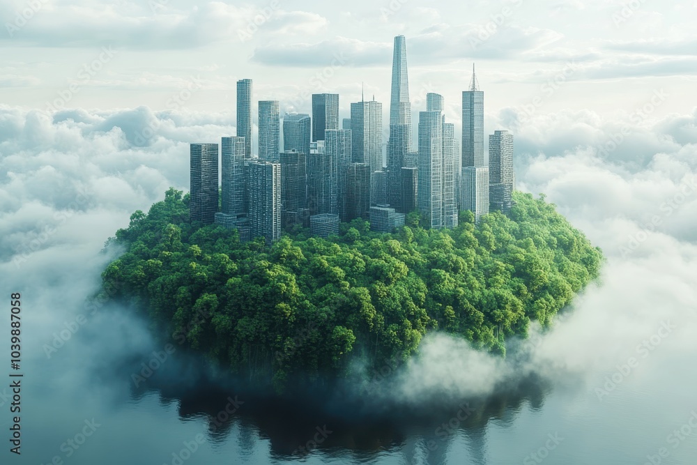 Fototapeta premium A futuristic city emerging from clouds on an isolated green island in the early morning light