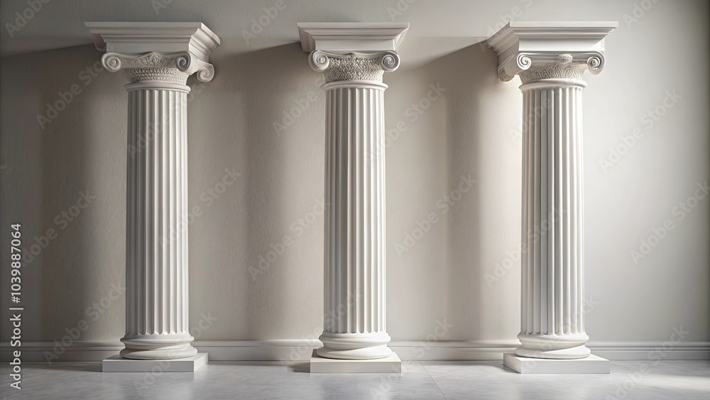 Three Fluted Pillars Stand in a Row, Supported by Square Bases, Adorned with Intricate Capitals, Against a Wall with Subtle Light Reflecting on the White Surface Three Fluted Pillars Stand in a Row, Supported by Square Bases, Adorned with Intricate Capitals, Against a Wall with Subtle Light Reflecting on the White Surface