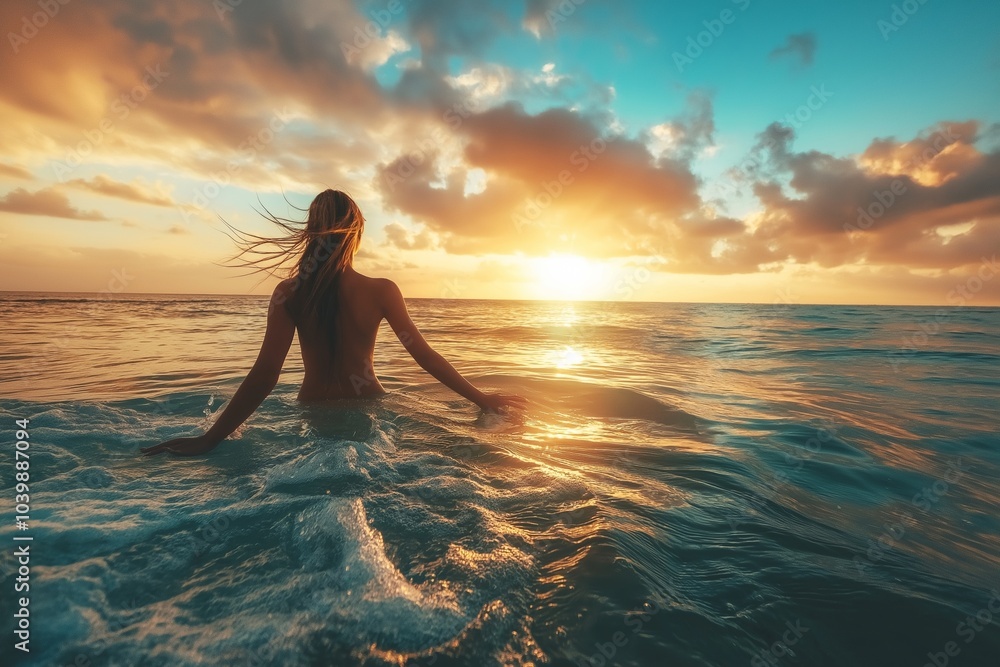 A woman wades in the ocean, watching the sunset glow on the horizon, with clouds reflecting on the water. A woman wades in the ocean, watching the sunset glow on the horizon, with clouds reflecting on the water.