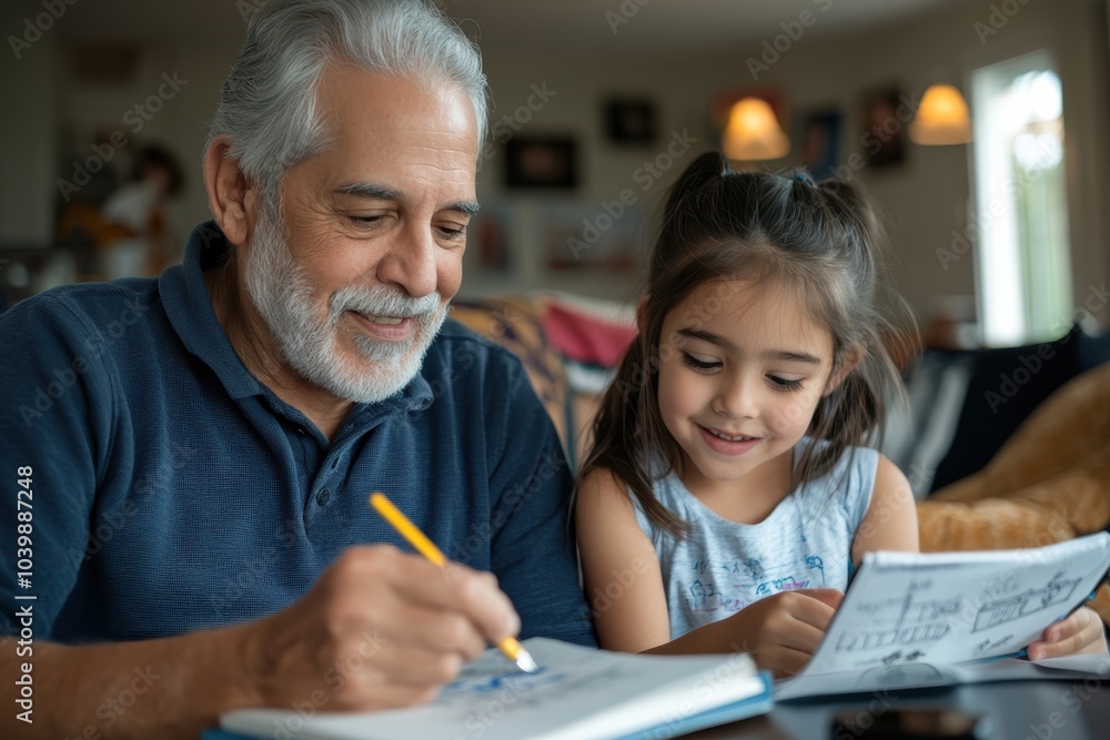 An older man with grey hair and a child work together at a table, sharing knowledge and creating memories, amidst an array of drawings and stationery items. An older man with grey hair and a child work together at a table, sharing knowledge and creating memories, amidst an array of drawings and stationery items.
