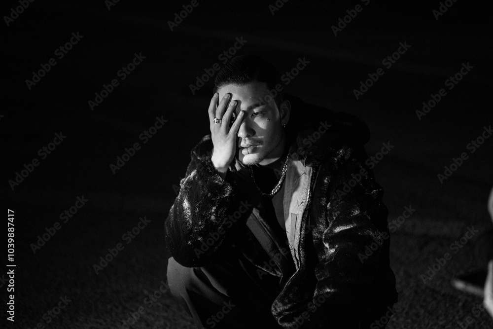 A young Korean man is squatting. Black and white photo