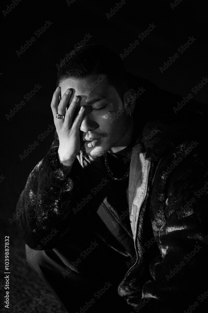 A young Korean man is squatting. Black and white photo