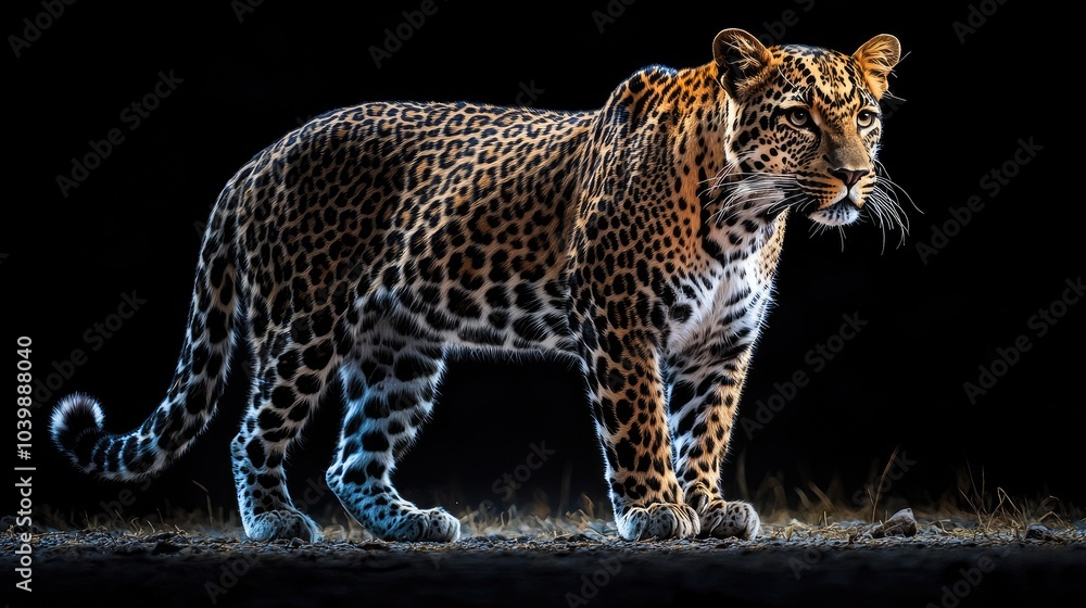 Obraz premium A majestic leopard stands in a dark environment, its spots illuminated by an unseen light source.