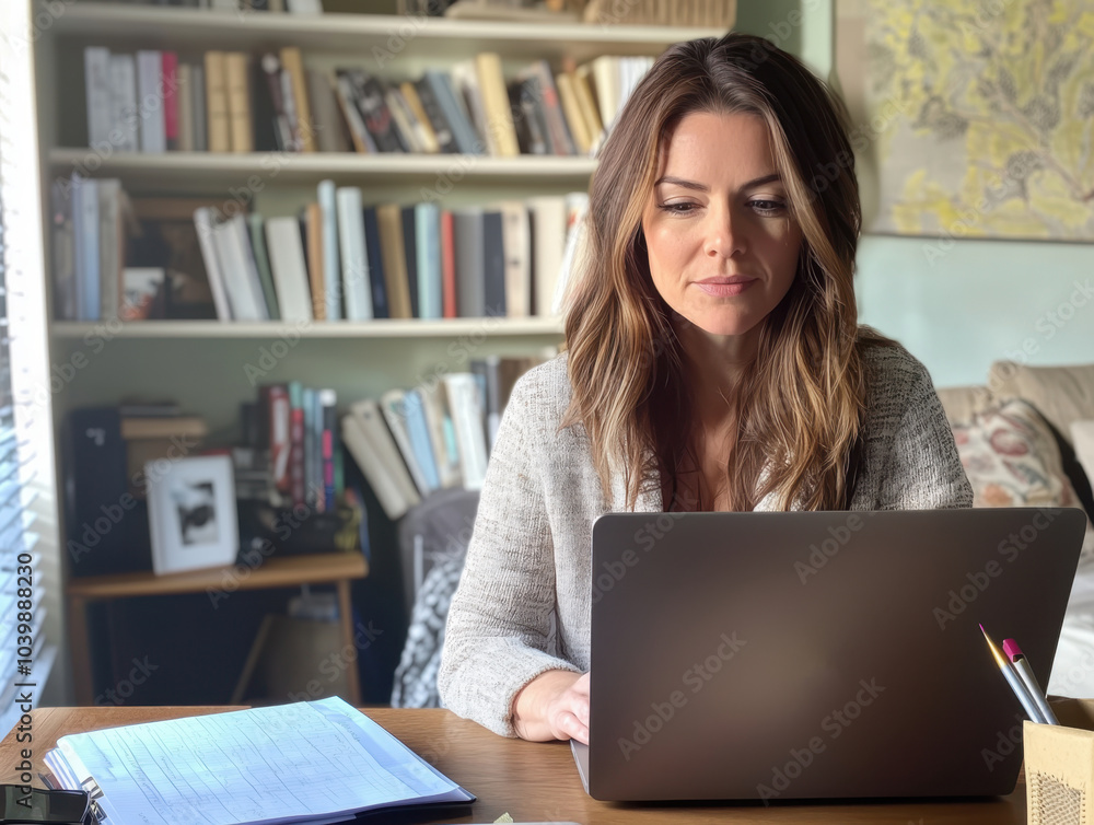 Serious woman working at home on computer Serious woman working at home on computer