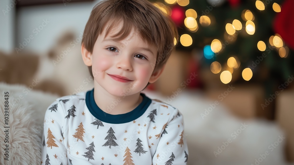 young boy smiling at living room, home decorate with Christmas tree and lights for holiday celebration young boy smiling at living room, home decorate with Christmas tree and lights for holiday celebration